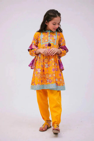 Picture of KAD-02786 | Mustard & Multicolor | Casual 3 Piece Suit | Cotton Lawn Printed - by Raja Sahib Kids