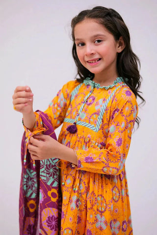 Picture of KAD-02786 | Mustard & Multicolor | Casual 3 Piece Suit | Cotton Lawn Printed - by Raja Sahib Kids