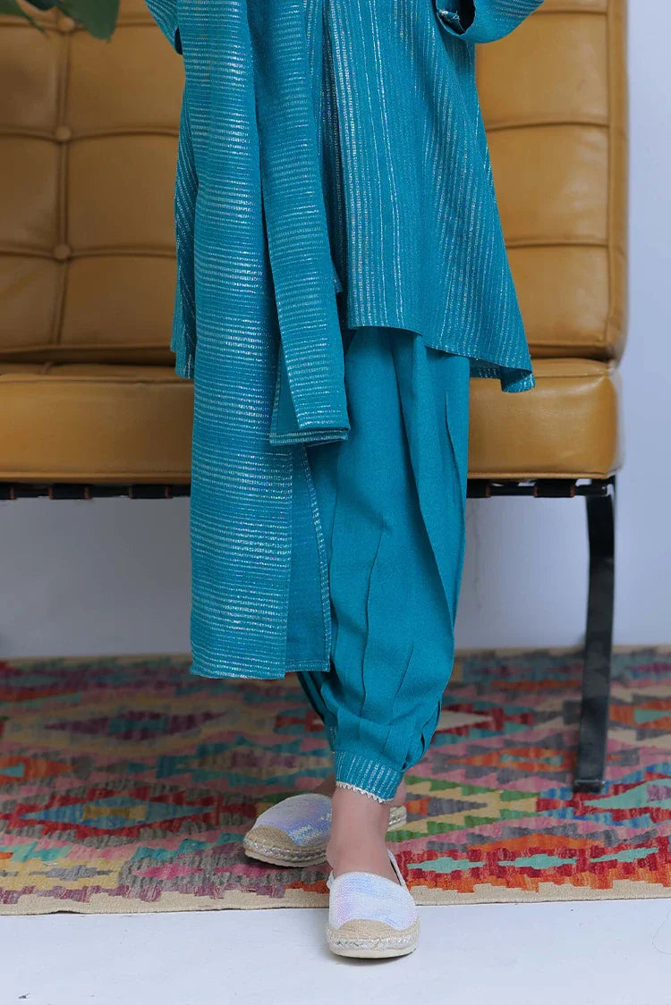 Picture of KAD-02829 | Turquoise Green & Silver | Casual 3 Piece Suit | Karandi Fabric Dobby Jacquard - Available at Raja Sahib