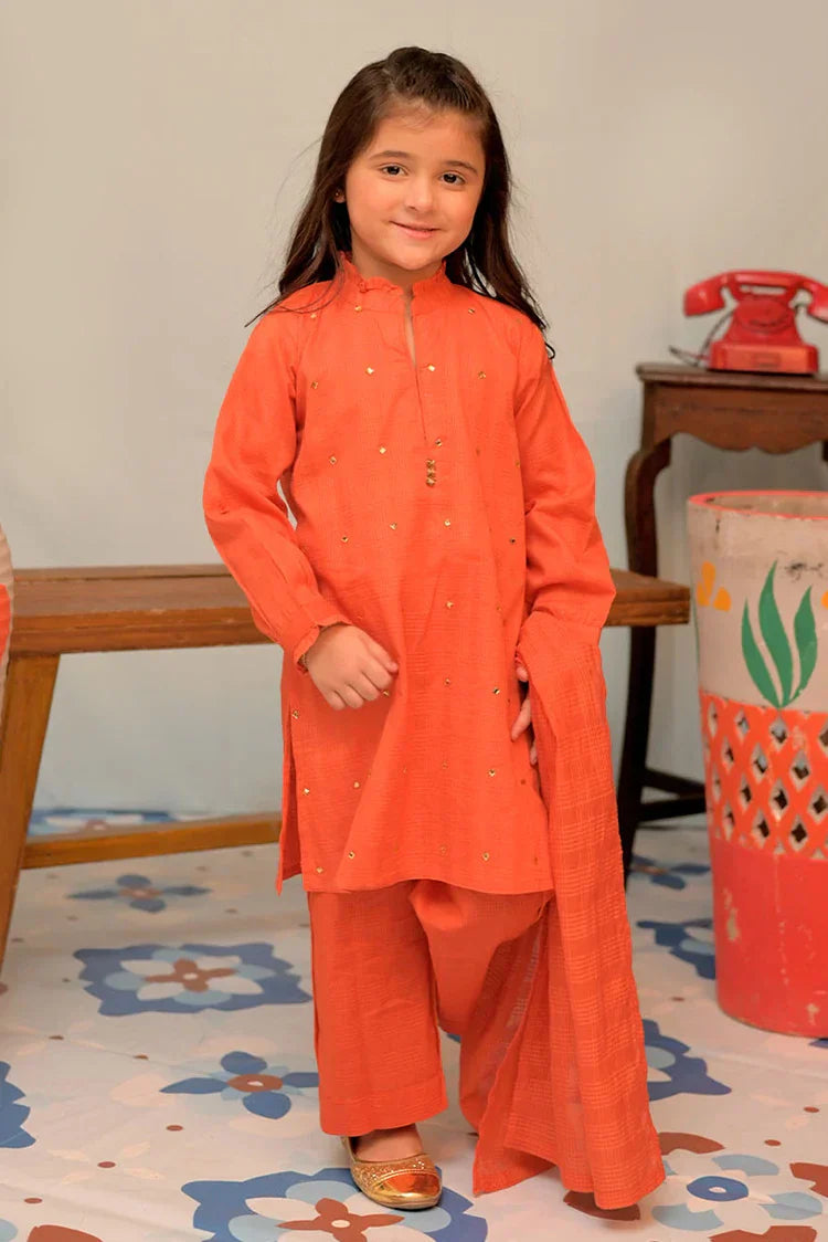Picture of <!--axd-->KAD-02879 | Orange & Gold | Casual 3 Piece Suit | Cotton Self Dobby - Available at Raja Sahib
