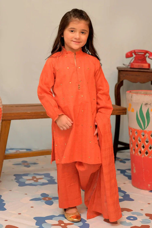 Picture of <!--axd-->KAD-02879 | Orange & Gold | Casual 3 Piece Suit | Cotton Self Dobby - Available at Raja Sahib