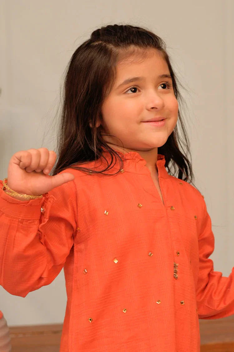 Picture of <!--axd-->KAD-02879 | Orange & Gold | Casual 3 Piece Suit | Cotton Self Dobby - Available at Raja Sahib