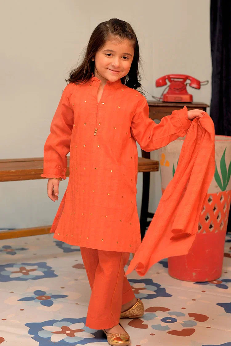 Picture of <!--axd-->KAD-02879 | Orange & Gold | Casual 3 Piece Suit | Cotton Self Dobby - Available at Raja Sahib
