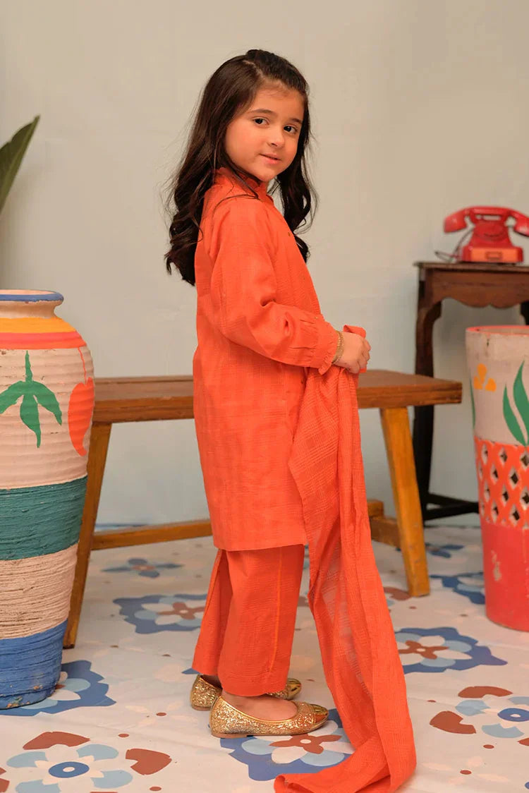 Picture of <!--axd-->KAD-02879 | Orange & Gold | Casual 3 Piece Suit | Cotton Self Dobby - Available at Raja Sahib