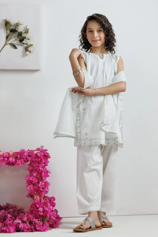 KAD-03168 | White & Silver | Casual 3 Piece Suit | Cotton Lawn Printed