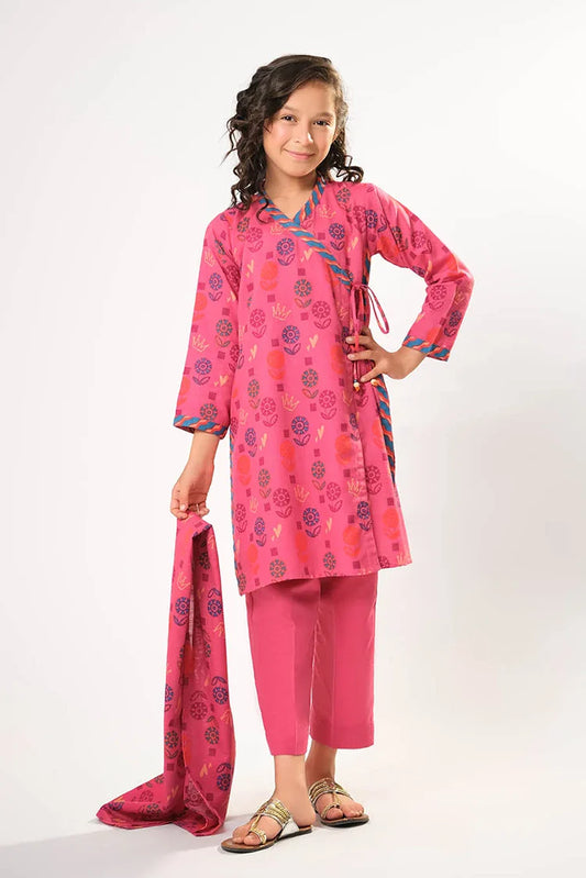 Kids winter clothes | Tea Pink & Multicolor | Casual 3 Piece Suit | Cotton Khaddar Printed | KAD-03194