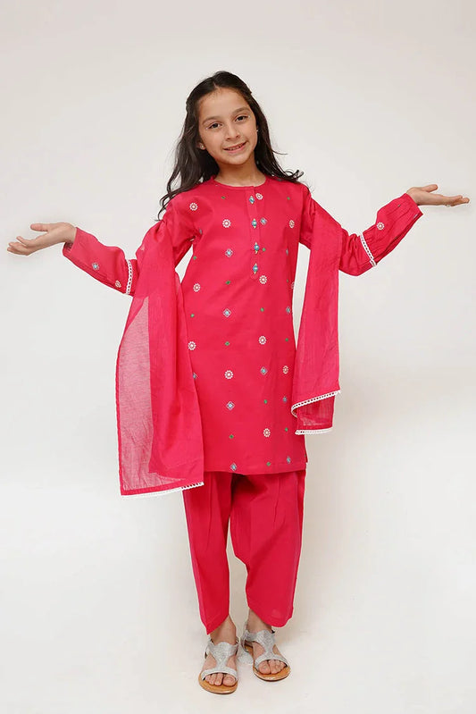 Senorita - Kids Casual Dress - Shocking Pink & Multicolor - Casual 3 Piece Suit - KAD-03426