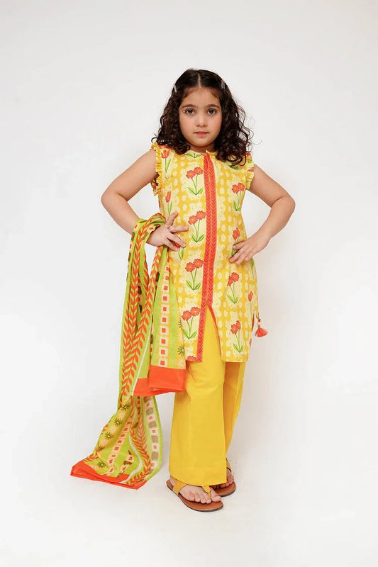 Senorita - Kids Casual Dress - Yellow & Multicolor - Casual 3 Piece Suit  - KAD-03498