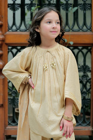 Picture of KBD-02622 | Fawn & Gold  | Casual Plus 3 Piece Suit | Cotton Dobby Jacquard - by Raja Sahib Kids