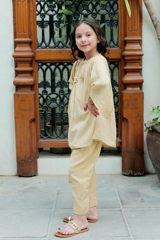 Picture of KBD-02622 | Fawn & Gold  | Casual Plus 3 Piece Suit | Cotton Dobby Jacquard - by Raja Sahib Kids