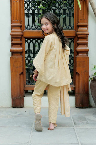 Picture of KBD-02622 | Fawn & Gold  | Casual Plus 3 Piece Suit | Cotton Dobby Jacquard - by Raja Sahib Kids