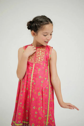 Picture of KBD-02672 | Shocking Pink & Gold | Casual Plus 3 Piece Suit | Cotton Gold Print Lawn - by Raja Sahib Kids