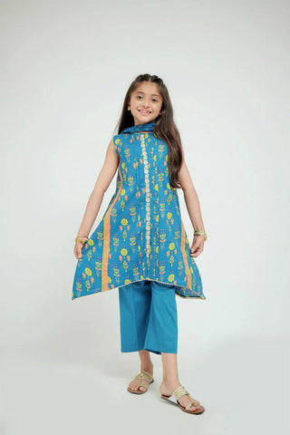 Picture of KBD-02694 | Light Blue Multicolor | Casual Plus 3 Piece Suit | Cotton Gold Print Lawn - by Raja Sahib Kids