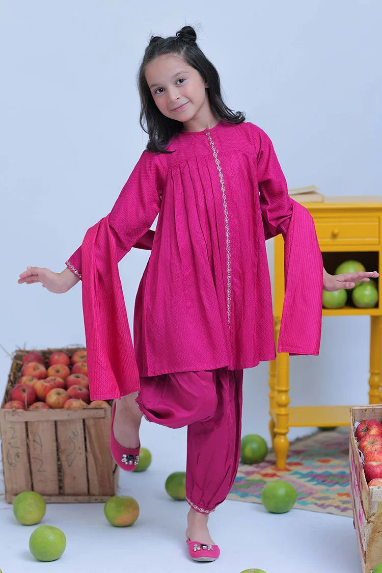 Picture of KBD-02821 | Shocking Pink & Gold | Casual Plus 3 Piece Suit | Viscose Self Dobby - Available at Raja Sahib