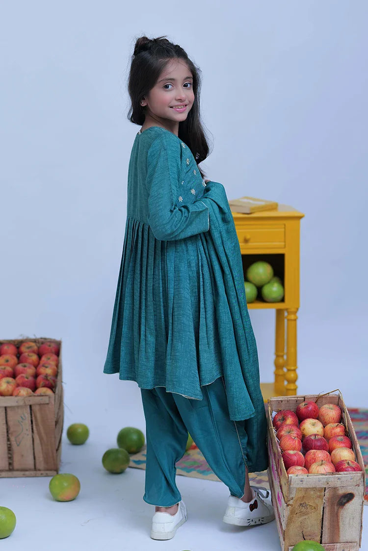 Picture of KBD-02826 | Turquoise Green & Gold | Casual Plus 3 Piece Suit | Viscose Self Dobby - Available at Raja Sahib