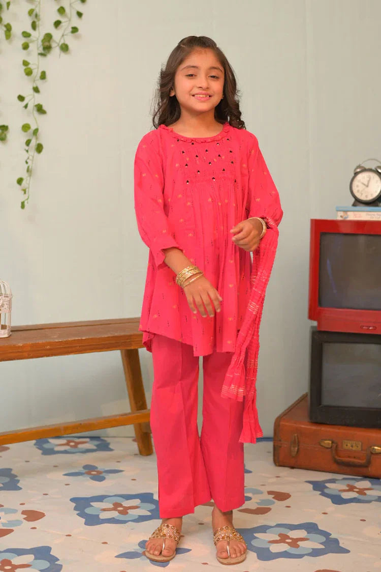 Picture of KBD-02846 | Shocking Pink & Multicolor | Casual Plus 3 Piece Suit | Cotton Jacquard - Available at Raja Sahib