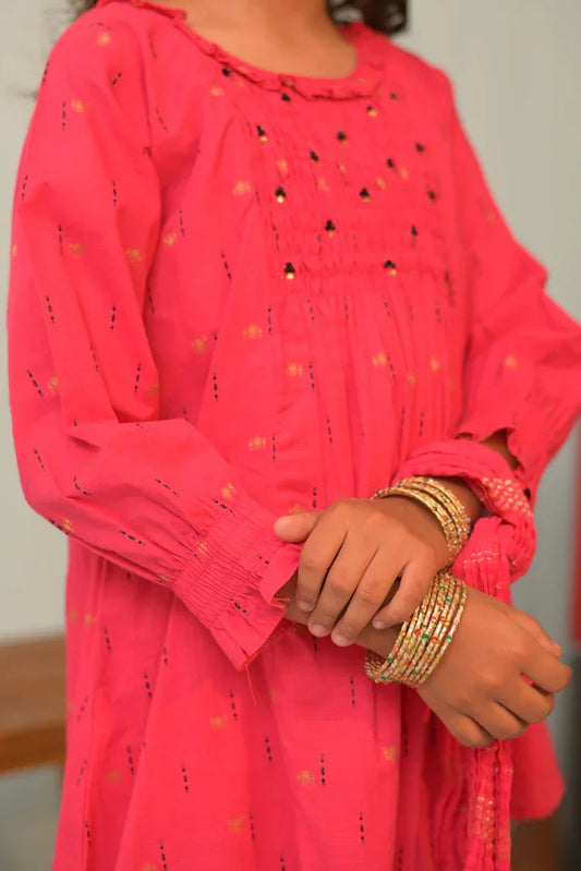 Picture of KBD-02846 | Shocking Pink & Multicolor | Casual Plus 3 Piece Suit | Cotton Jacquard - Available at Raja Sahib