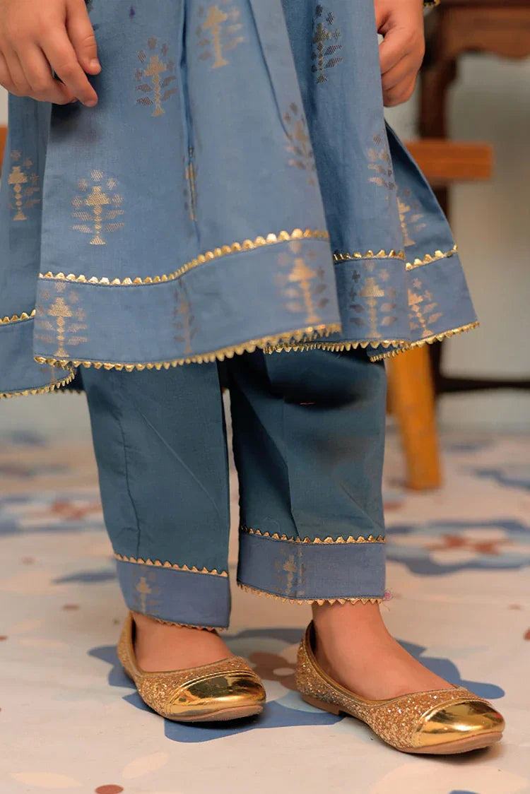 Picture of <!--axb-->KBD-02857 | Blue & Gold | Casual Plus 3 Piece Suit | Cotton Jacquard - Available at Raja Sahib