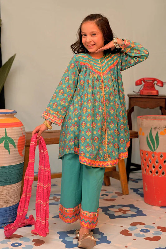 Picture of KBD-02883 | Tarquoise Green & MultiColor | Casual Plus 3 Piece Suit | Cotton Lawn Gold Printed - Available at Raja Sahib