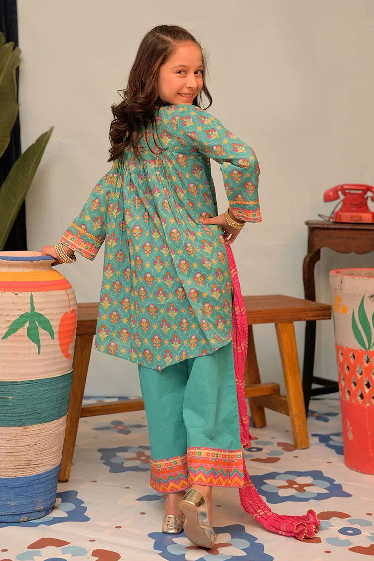 Picture of KBD-02883 | Tarquoise Green & MultiColor | Casual Plus 3 Piece Suit | Cotton Lawn Gold Printed - Available at Raja Sahib