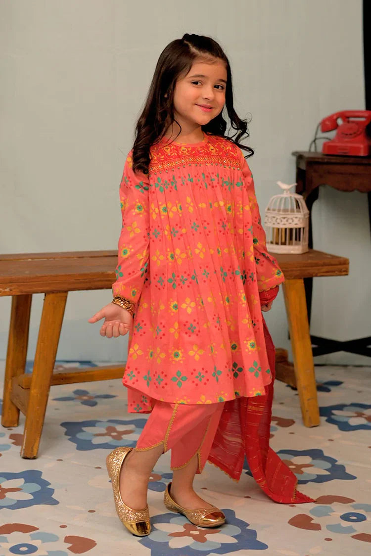 Picture of KBD-02914 | Peach & Multicolor | Casual Plus 3 Piece Suit | Cotton Lawn Gold Printed - Available at Raja Sahib