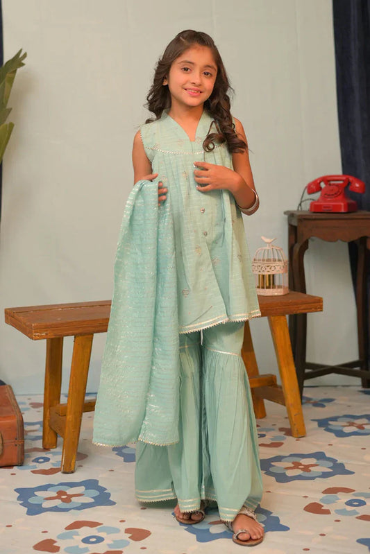 Picture of <!--awu-->KBD-02958 | Sea Green & Silver | Casual Plus 3 Piece Suit | Cotton Jacquard - Available at Raja Sahib