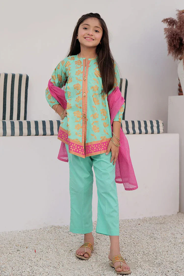 Picture of <!--aov-->KBD-02979 | Sea Green & Gold | Casual Plus 3 Piece Suit | Cotton Dobby Gold Print - Available at Raja Sahib