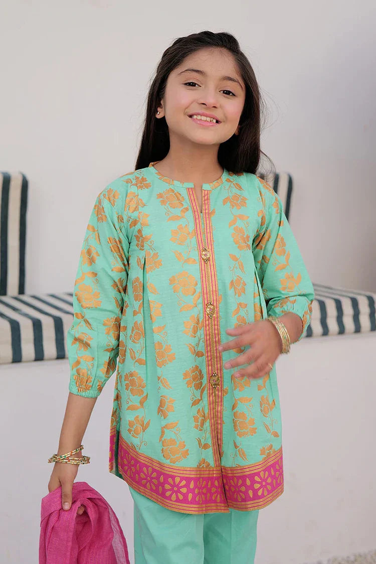 Picture of <!--aov-->KBD-02979 | Sea Green & Gold | Casual Plus 3 Piece Suit | Cotton Dobby Gold Print - Available at Raja Sahib