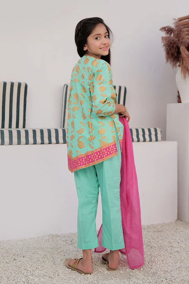 Picture of <!--aov-->KBD-02979 | Sea Green & Gold | Casual Plus 3 Piece Suit | Cotton Dobby Gold Print - Available at Raja Sahib