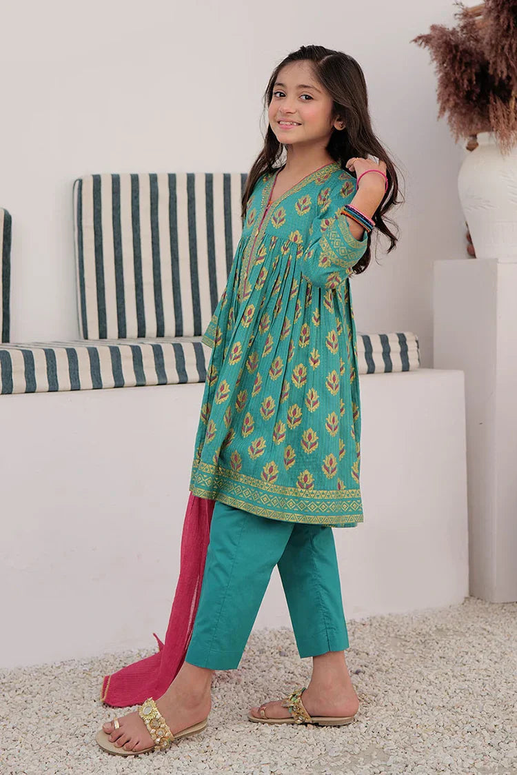 Picture of <!--aos-->KBD-03000 | Turquoise Green & Multicolor | Casual Plus 3 Piece Suit | Cotton Dobby Dye over Gold Print - Available at Raja Sahib