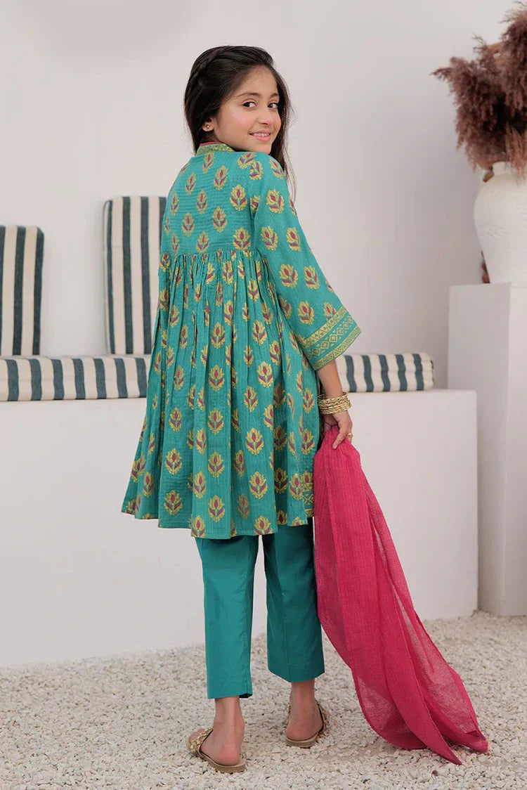 Picture of <!--aos-->KBD-03000 | Turquoise Green & Multicolor | Casual Plus 3 Piece Suit | Cotton Dobby Dye over Gold Print - Available at Raja Sahib