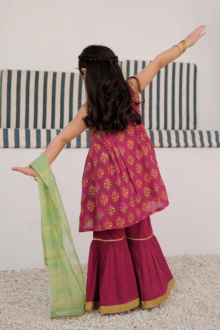 Picture of <!--aor-->KBD-03001 | Magenta & Multicolor | Casual Plus 3 Piece Suit | Cotton Dobby Dye over Gold Print - Available at Raja Sahib