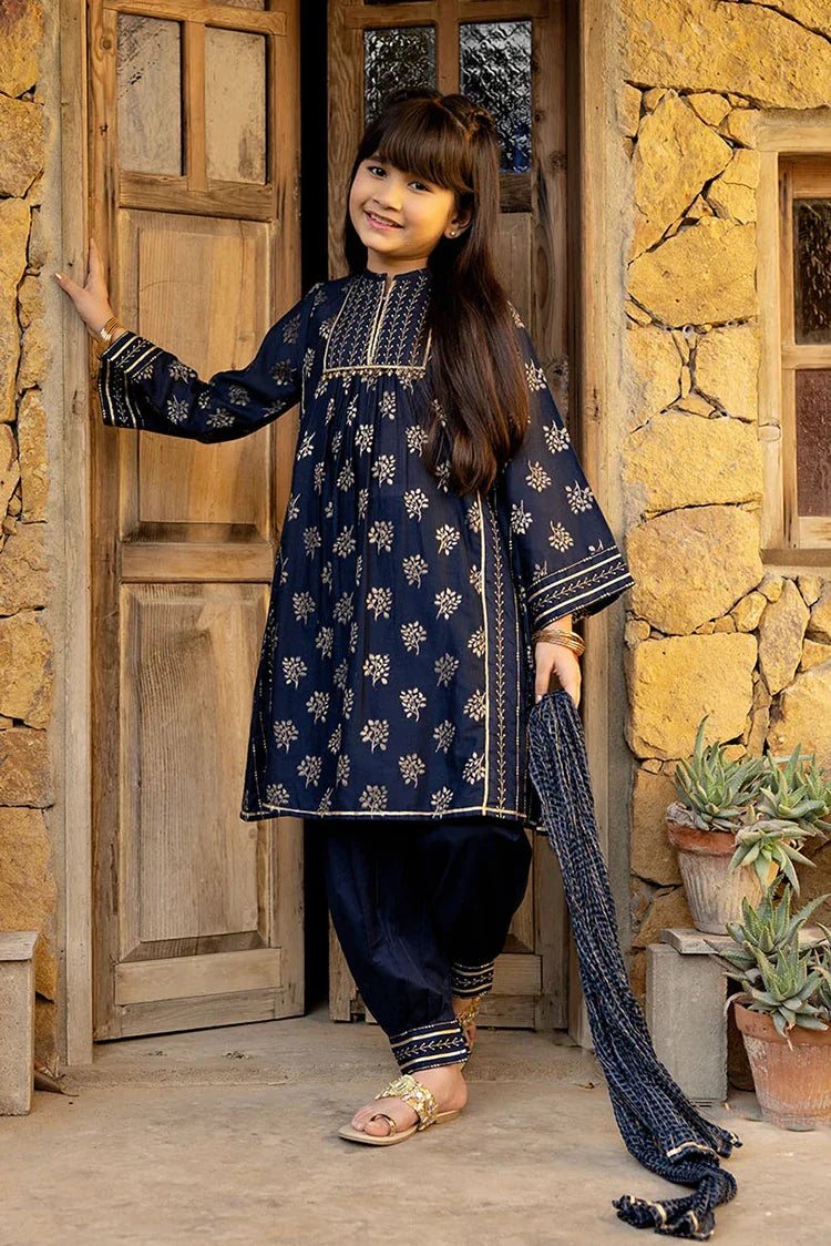 Picture of <!--akk-->KBD-03048 | Blue & Gold | Casual Plus 3 Piece Suit | Cotton Jacquard - Available at Raja Sahib