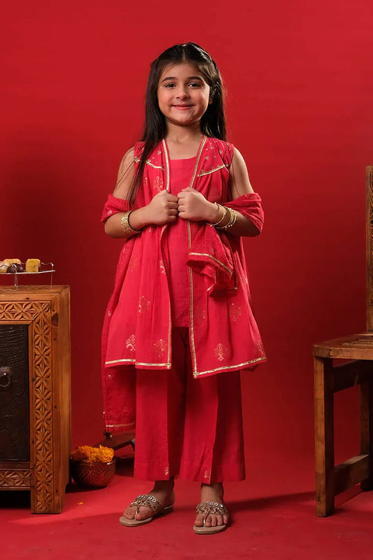Senorita - Kids Eid Dress - Red & Gold  - Casual Plus 3 Piece Suit - KBD-03327