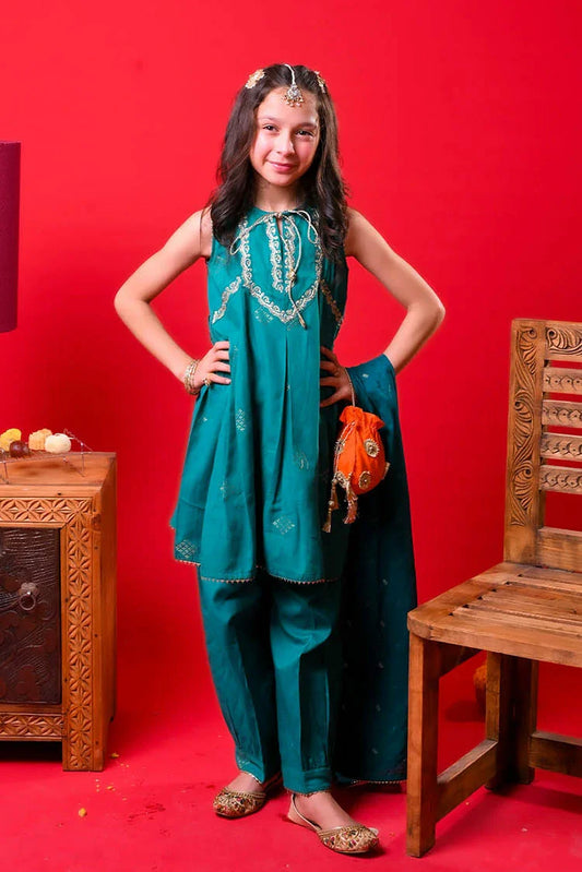 Senorita - Turquois Blue & Gold - Casual Plus 3 Piece Suit - Cotton Plain - KBD-03328