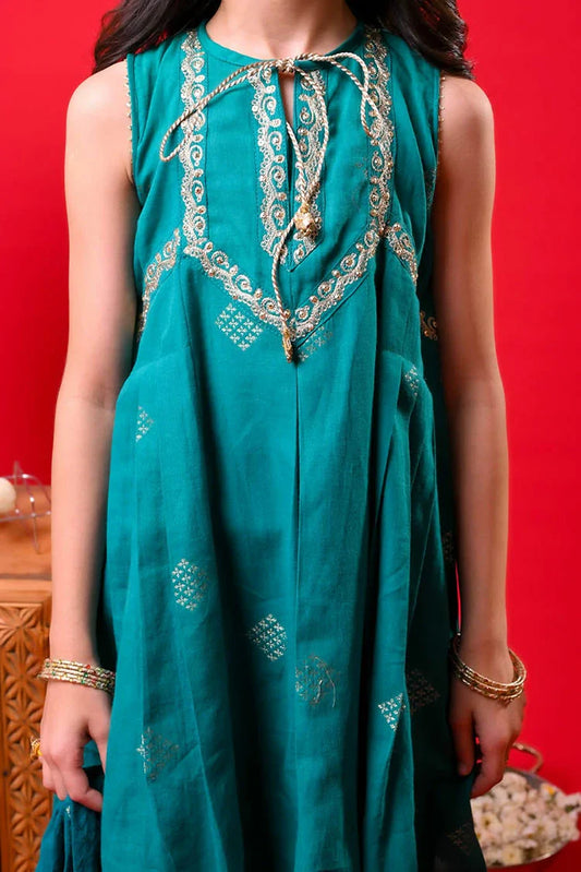 Senorita - Turquois Blue & Gold - Casual Plus 3 Piece Suit - Cotton Plain - KBD-03328