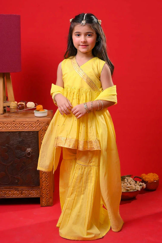 Senorita - Yellow & Gold - Casual Plus 3 Piece Suit - Cotton Gold Foil Printed  - KBD-03366