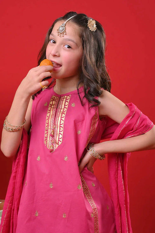 Senorita - Shocking Pink & Gold - Casual Plus 3 Piece Suit - Cotton Gold Foil Printed - KBD-03367