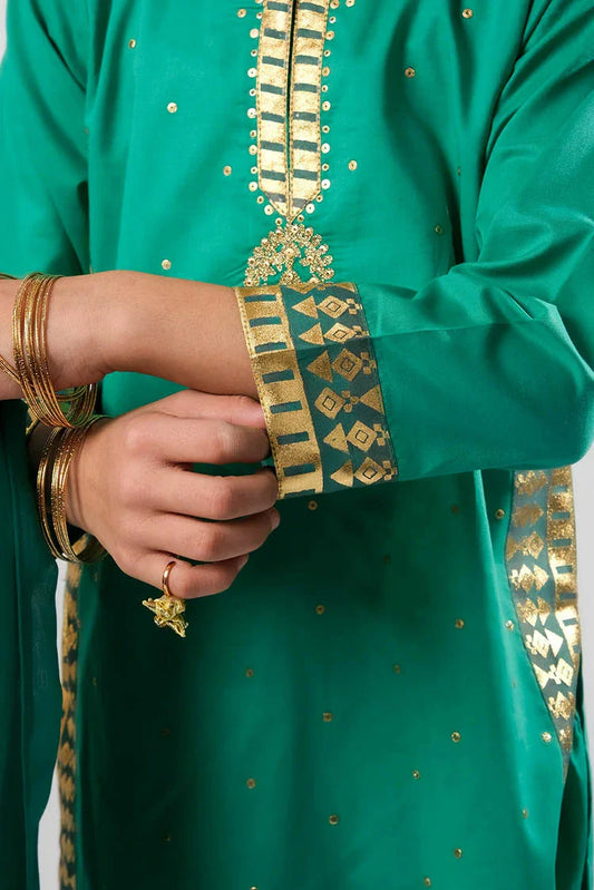 Senorita - Turquoise Green & Gold - Casual Plus 3 Piece Suit - Cotton Gold Foil Printed  - KBD-03368