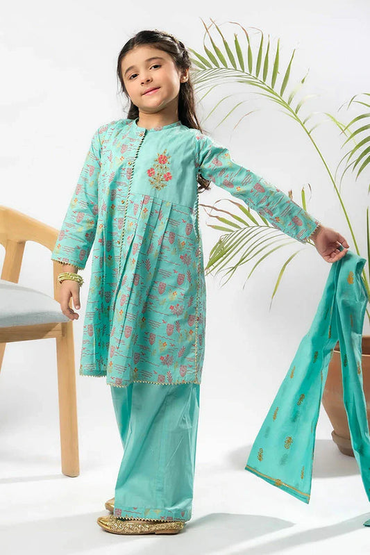 Senorita - Sea Green & Multicolor - Casual Plus 3 Piece Suit - Cotton Glitter Printed - KBD-03369