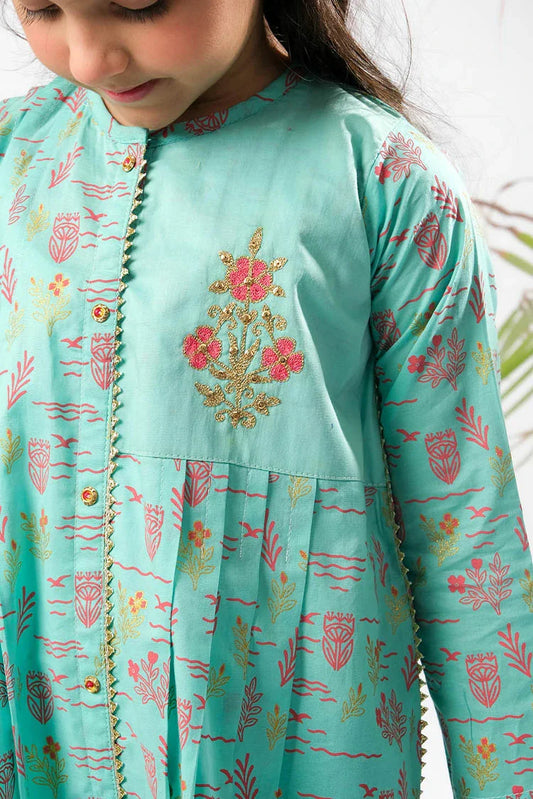 Senorita - Sea Green & Multicolor - Casual Plus 3 Piece Suit - Cotton Glitter Printed - KBD-03369
