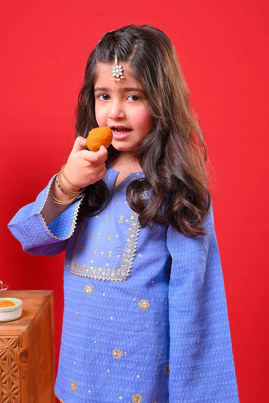 Senorita - Kids Eid Dress - Blue & Gold - Casual Plus 3 Piece Suit - KBD-03371