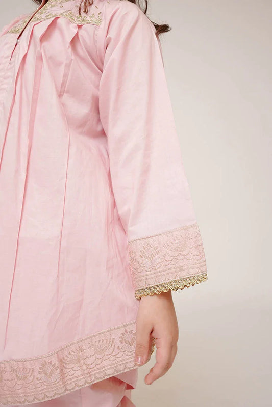 Senorita - Kids Casual Dress - Casual Plus 3 Piece Suit - Cotton Plain with Banarsi Borders - KBD-03448