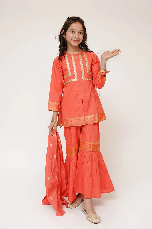 Senorita - Kids Casual Dress - Casual Plus 3 Piece Suit - Cotton Plain with Banarsi Borders - KBD-03450