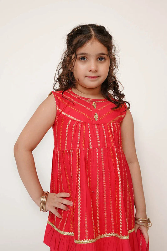Senorita - Kids Eid Dress - Shocking Pink & Gold  - Casual Plus 3 Piece Suit - KBD-03458