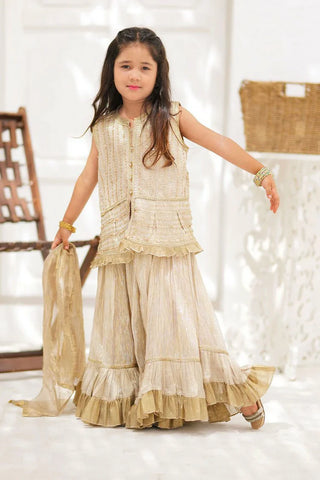 Picture of KDD-02091 | Fawn & Golden | Formal 3 Piece Suit | Banarsi Organza tissue - by Raja Sahib Kids