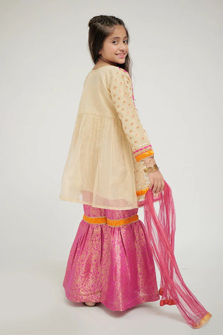 KDD-02092 | Fawn & Shocking Pink | Formal 3 Piece Suit | Banarsi Jamawar