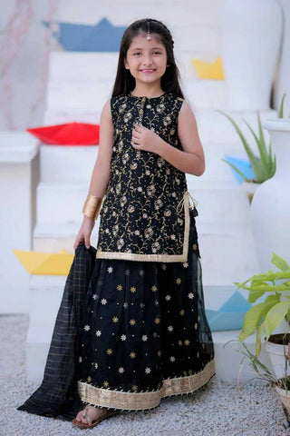 Picture of KDD-02404 | Black & Golden | Formal 3 Piece Suit | Organza Fancy Fabric - by Raja Sahib Kids