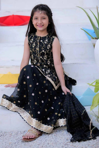 Picture of KDD-02404 | Black & Golden | Formal 3 Piece Suit | Organza Fancy Fabric - by Raja Sahib Kids