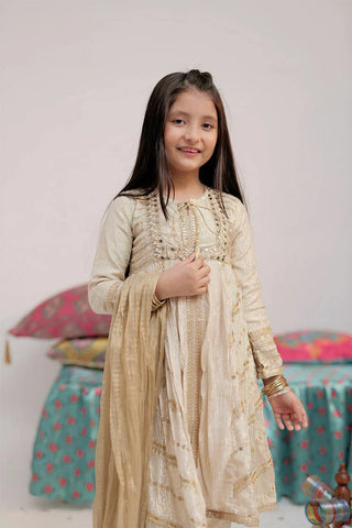 Picture of KDD-02541 | Fawn & Multicolor | Formal 3 Piece Suit | Crinkle Gorged Shimmer - by Raja Sahib Kids